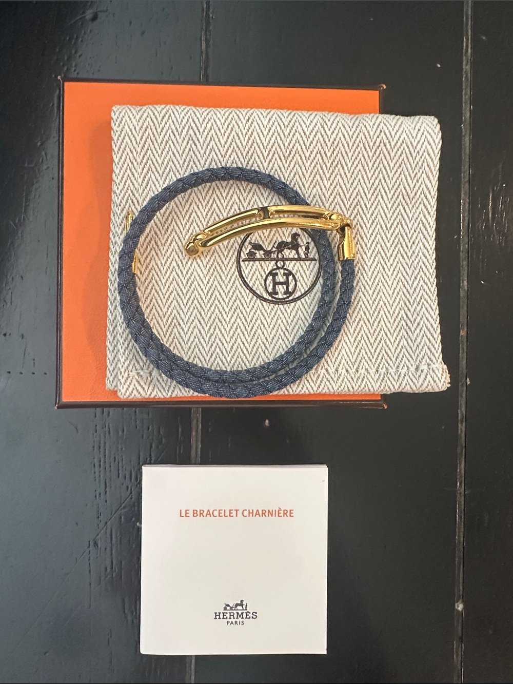 Hermes Blue Braided Leather and Gold-Tone Charnière Bracelet